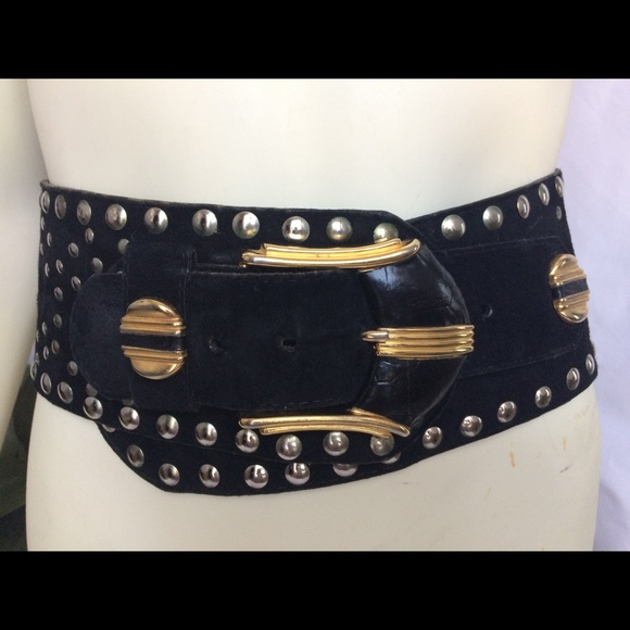 Vintage Silver  Studded Black Suede Wide Belt S/M
